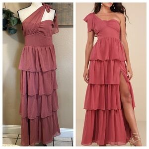 NWT Lulus Elevated Vision Rusty Rose One-Shoulder Tiered Maxi Dress